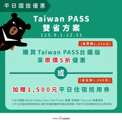 2026國旅補助「每人3200元」8/20開放登記!申請官網、資格登錄一覽 ▲2026國旅補助「Taiwan PASS雙省方案」台鐵版,最高1500元平日住宿抵用券。(圖/交通部觀光署www.motc.gov.tw)