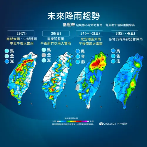 ▲中央氣象署發布最新未來降雨趨勢圖，預估下週一受熱帶系統靠近影響，北部與宜蘭將轉為大雨熱區。（圖／氣象署提供,cwa.gov.tw）