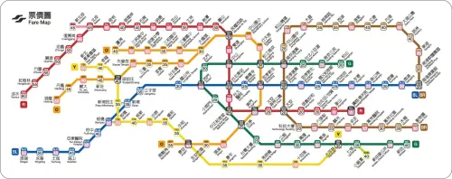 台北捷運路網票價圖,顯示淡水信義線東延段新增廣慈奉天宮站與全線各站票價 ▲台北捷運最新票價路網圖,淡水信義線東延段新增廣慈/奉天宮站(R01)。(圖/臺北捷運公司提供)