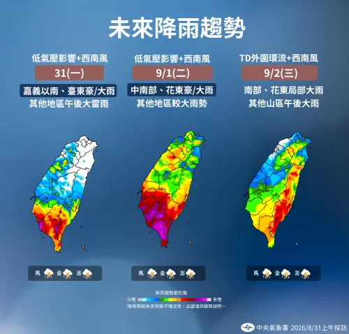 未來一周受低壓帶持續盤據台灣附近影響,全台降雨機率偏高。(圖/中央氣象署cwa.gov.tw) ▲未來一周受低壓帶持續盤據台灣附近影響,全台降雨機率偏高。(圖/中央氣象署cwa.gov.tw)