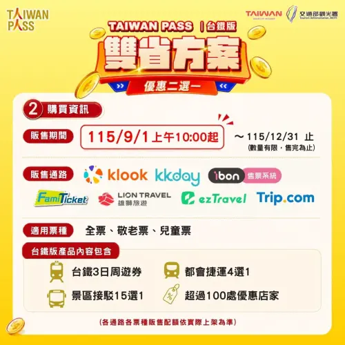 國旅補助9月開跑!Taiwan PASS雙省方案是什麼?賺1500元優惠一覽 ▲2026國旅補助「Taiwan PASS雙省方案」購買資訊,一圖看懂。(圖/翻攝自交通部觀光署FB)