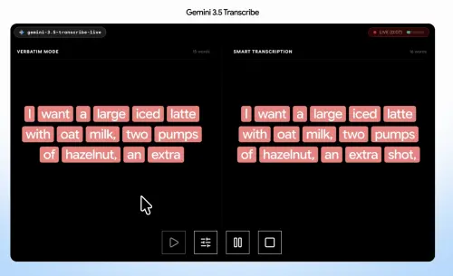 Gemini 3.5 Transcribe提供「忠實轉錄」與「智慧轉錄」模式,後者可自動刪除「嗯、啊」等贅詞,並處理口吃、重複及說到一半改口的內容。(圖/翻攝自Google) ▲Gemini 3.5 Transcribe提供「忠實轉錄」與「智慧轉錄」模式,後者可自動刪除「嗯、啊」等贅詞,並處理口吃、重複及說到一半改口的內容。(圖/翻攝自Google)
