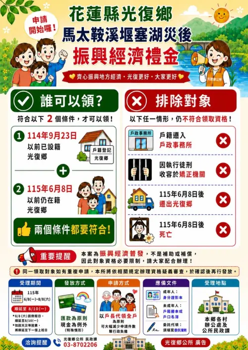 2026普發一萬9月來了!領取「現金10000元」 6筆地方加碼補貼曝 ▲花蓮縣光復鄉「每人10000元」馬太鞍溪堰塞湖災後振興經濟禮金,誰可以領、發放申請方式一圖看懂。(圖/花蓮縣光復鄉公所FB)