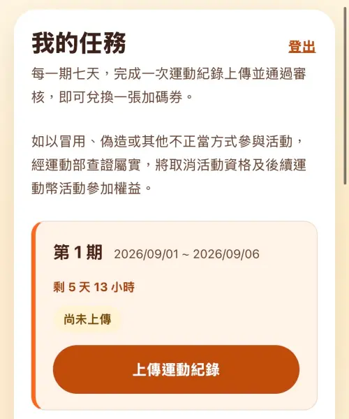 ▲(圖/揮汗有禮官網500.gov.tw/) ▲登入後上傳運動紀錄。(圖/揮汗有禮官網500.gov.tw/)