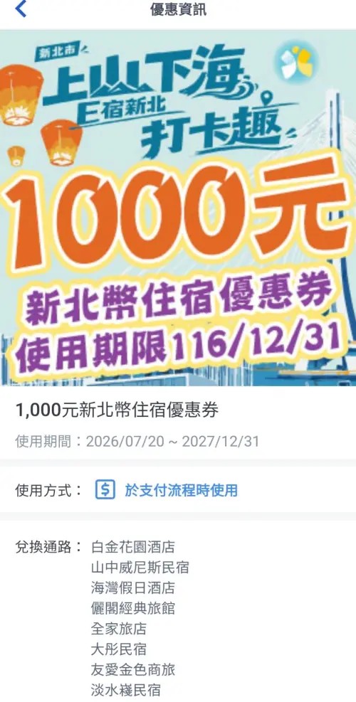 新北市政府表示「E宿新北打卡趣」每人可獲1000元抵用金,可合併國旅補助使用。(圖/新北市府提供) ▲新北市政府表示「E宿新北打卡趣」每人可獲1000元抵用金,可合併國旅補助使用。(圖/新北市府提供)