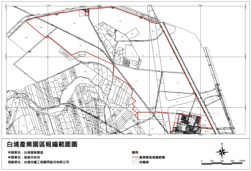 高雄市白埔產業園區報編範圍圖,標示88.73公頃園區地籍線與劃定邊界 ▲高雄白埔產業園區報編範圍圖,全區總面積約88.73公頃,預計9月正式動工。(圖/高雄市政府提供)